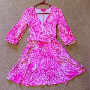 Lilly Pulitzer Faux Wrap Tie Chace Dress Pink Resort Palm Beach Paradise, Sz XXS